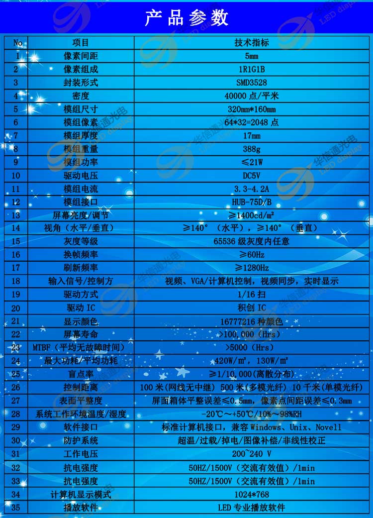 P5室内高清LED天幕屏技术参数
